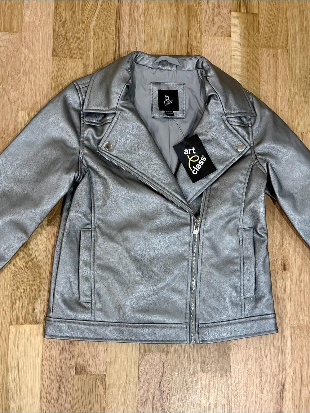 Art Class Metallic Silver Faux Leather Moto Jacket Girls Size L 10/12